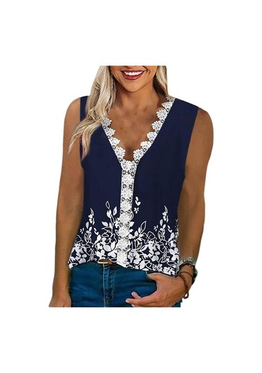 V Yaka Dantel Çiçek Baskı Yaz Bluzlar Kadın 2023 Kolsuz Rahat Gömlek Üstleri Kadın Moda Zarif T Gömlek Kadın Giyim 24858 Stem Lacivert