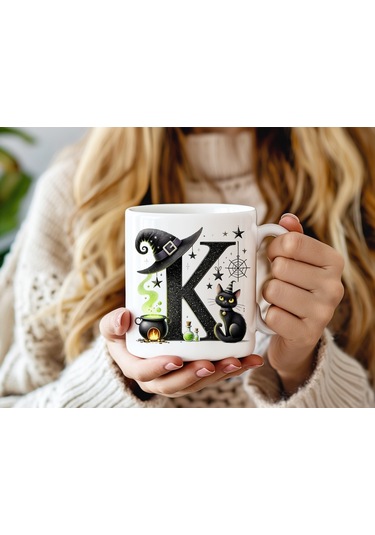 K Harfli Halloween Kedili Figür Kupa Bardak - Şapkalı Ve Kazanlı İsme Özel Kupa - Hediye Beyaz