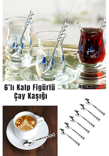 6'Lı Kalp Figürlü Çay Kaşığı Paslanmaz Çelik Kaşık Seti Gümüş
