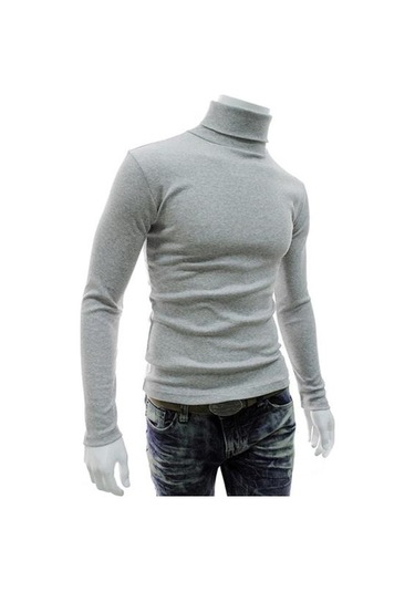 Açık Gri Sıcak Örme Gömlek Şık Üst Balıkçı Yaka Düz Renk Esnek Örme Gömlek Açık Gri