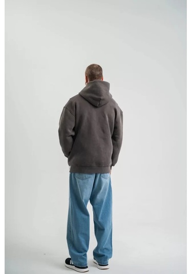 Unisex Uzun Kol Kapşonlu Yıkamalı Nakışlı Sweatshirt - Füme Anrasit