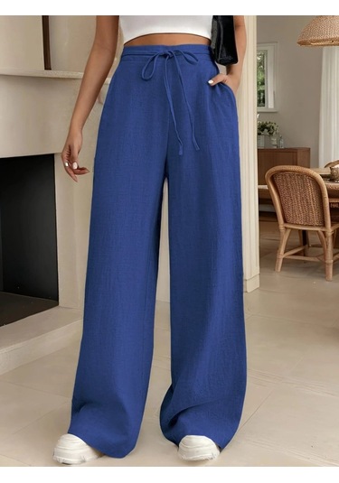 Gülsüm Aydın Kadın Yüksek Bel Bağcıklı Geniş Paçalı Uzun Bürümcük Pantolon Mavi