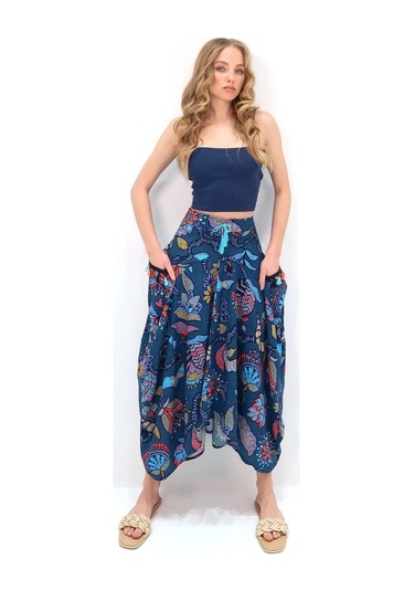 Schık Kadın Viskon Empirme Çiçek Baskı Bohem Stil Cepli Bel Lastikli Etek Lacivert