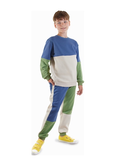 Denokids Renk Bloklu Erkek Çocuk Eşofman Takımı - Krem - Mavi - Yeşil