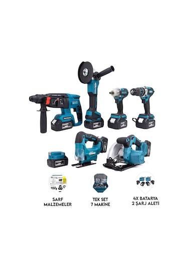 Dawreek MK350 Powerbank- Led + Hilti + Spiral + Somun Sıkma + 13 MM Mandren + Dekupaj + Sunta Kesme Makinesi 7'li Set