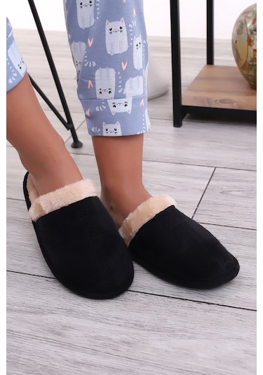 Wordex U050 Unisex Kışlık Ev İçi Terliği Kürklü Yünlü Terlik Siyah
