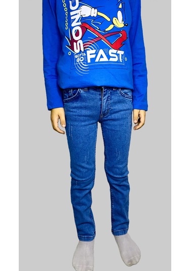 Erkek Çocuk Denim Tırtıklı Mavi Ligralı Kot Pantolon Füme