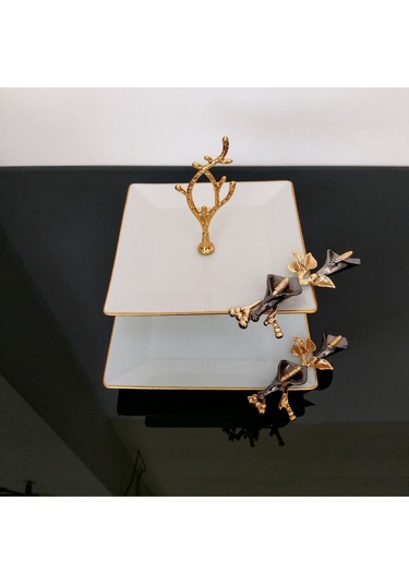 Atabey Home Kare Kurabiyelik/sunumluk Siyah Lale Ayaklı 2 Katlı Kütahya Porselen