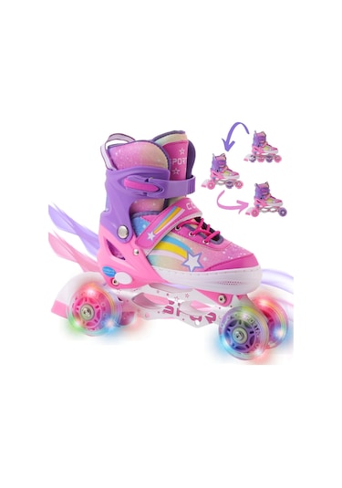 Yıldız Gökkuşağı Işıklı Kız Çocuk Pateni Silikon Teker Ayarlanabilir Paten Taşıma Çantalı Pembe Lila Pembe