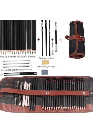 Kara Kalem Çizim Seti, Eskiz Kalem Seti, Dereceli Kalem Set, Tonlama-rulo Kalemlikli-31parça