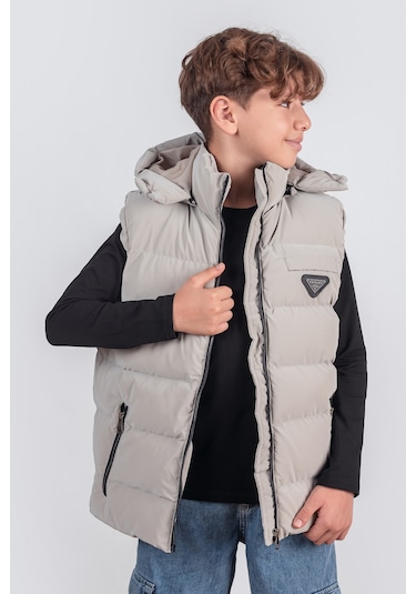 Kapüşonlu Erkek Çocuk Nova Kumaş Şişme Yelek Bej