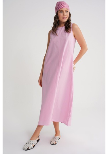 4690 Kadın Bisiklet Yaka Sıfır Kol Midi Paraşüt Elbise Pembe Pembe