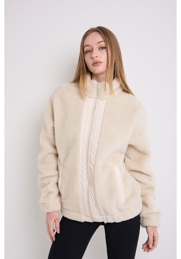 Kadın Rüzgar Geçirmez Welsoft Çift Cepli Kışlık Mont Ekru