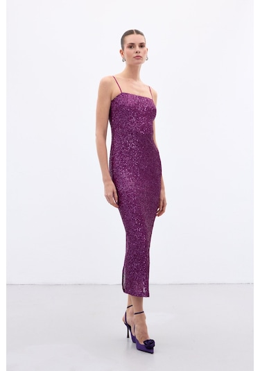 Askılı Uzun Payet Elbise - Mürdüm-136659 Mürdüm