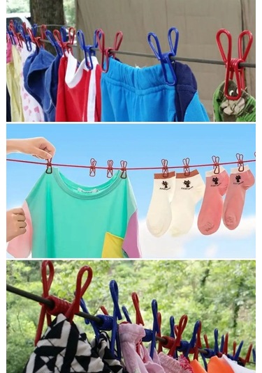 Zmc Bilişim Taşınabilir Seyahat Çamaşır İpi 12 Mandallı Klipsli Lastikli Çamaşır Mandalları Çok Renkli