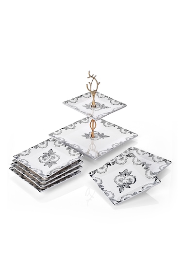 Piatti Naturali İkram Seti Black Rose Çift Katlı Sunum Tabağı & 6 Lı Tatlı Tabağı