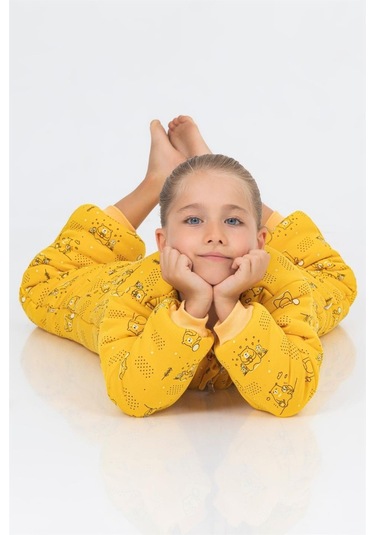 Kız Erkek Çocuk Kalın Elyaf Dolgulu Premium Kalite 2.5 Tog Desenli Uyku Tulumu Ekru - Sarı