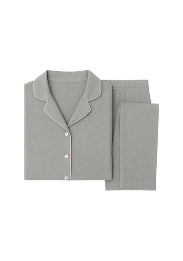 Gri Renk Uzun Kol Önden Düğmeli Pijama Takımı Gri