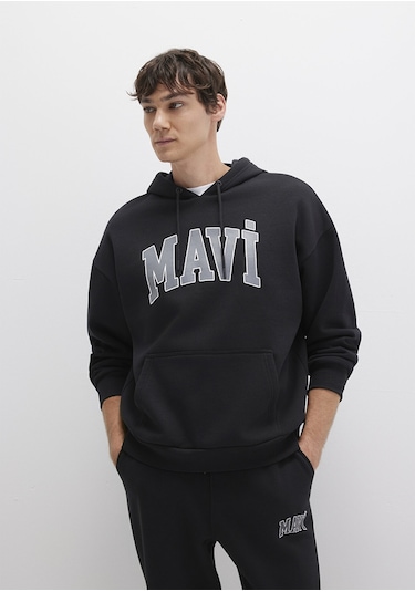 Mavi 067149-902 Mavi Logo Baskılı Kapüşonlu Sweatshirt - Siyah