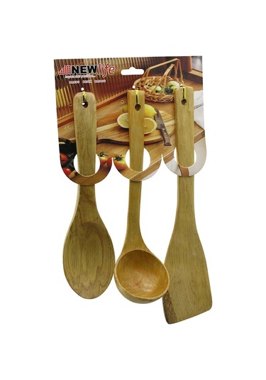 3pcs Ahşap Bambu Mutfak Servis Seti Kaşık 27cm - Kepçe 27cm - Spatula 32cm 5365 Çok Renkli
