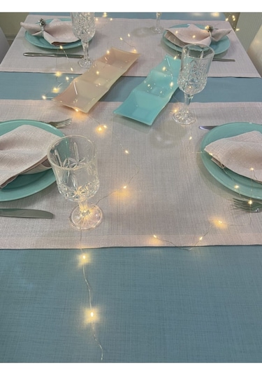 Keten Görünümlü Begonvil Masa Örtüsü Maldiv 6 Kişilik Takım