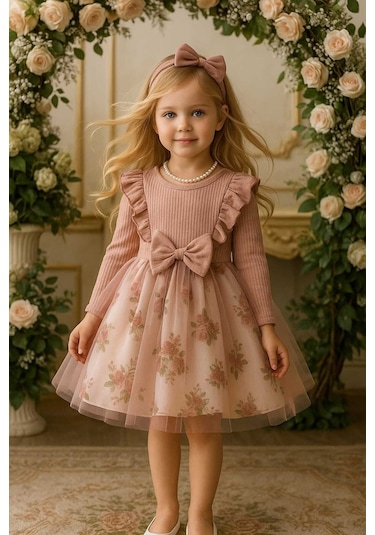 Kız Çocuk Gül Kurusu Çiçekli Tütülü Doğum Günü Hediye Özel Gün Abiye Günlük Prenses Şık Elbise Pembe
