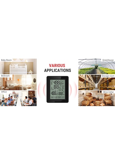 Jeehugo Dijital Hava İstasyonu: İç/ Dış Sıcaklık Nem Ölçer, Maks/ Min Kayıt, Sıcaklık Trendi, Alarm Fonksiyonu, Beyaz Arka Işık - Pil Yok Siyah