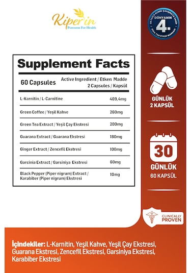 Kiperin Burn Vücut Yağı Hedefleyici L-karnitin, Yeşil Çay, Guarana, Zencefil, Garsiniya, Kafein 60 Kapsül