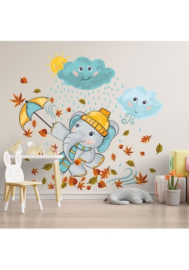 Şemsiyeli Sevimli Fil Çocuk Odası Duvar Sticker
