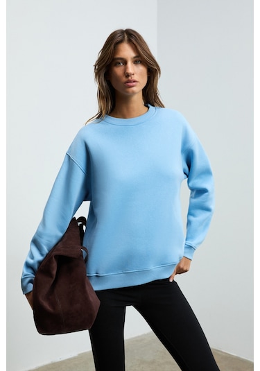 Grımelange Susana Kadın Bisiklet Yaka İçi Polarlı Oversize Fit Basic Mavi Sweatshirt Mavi