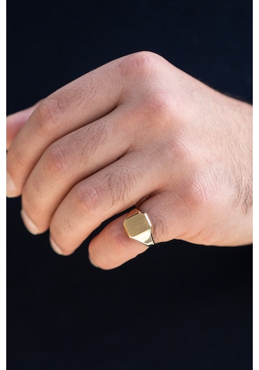 14 Ayar Altın Dikdörtgen Plaka Serçe Parmağı Erkek Yüzük