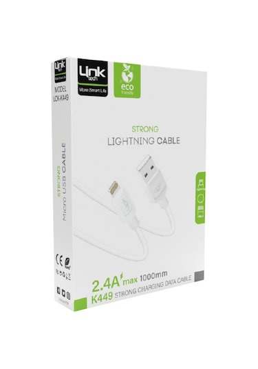 Linktech K449 Strong Lightning - USB Data/Şarj Kablosu 1mt 2.4A Beyaz