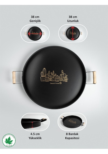 Lin Metal 37cm Yuvarlak Tepsi Ahşap Kulplu Kaktüs Baskılı - Siyah