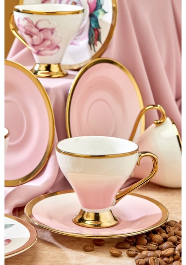 Cooker 6 Lı Lüks Yaldız Porselen Kahve Fincan Takımı Ckr3520 Pembe
