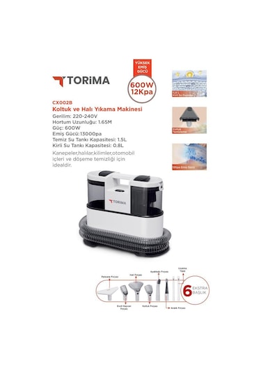 Torima CX002B Koltuk Ve Halı Yıkama Makinesi + CB-08C Buharlı Temizleyici