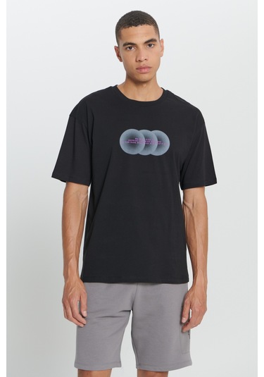 AC&Co / Altınyıldız Classics Erkek Sıyah Loose Fit Bol Kesim %100 Pamuk Baskılı Bisiklet Yaka Tişört Siyah