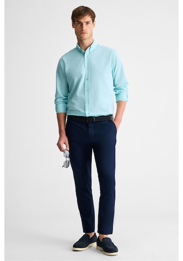 Lasse Erkek Gömlek Yaka Manşetli Uzun Kollu Regular Fit Keten Karışımlı Mint Yeşil Gömlek