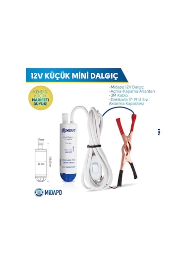 Midapo 12V Kucuk D.C Midapo Mini Dalgic Pompa (Akaryakit-Sivi-Mazot