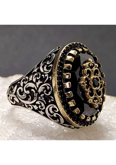 Vog Siyah Zirkon Taşlı Sarmaşık Desenli 925 Ayar Gümüş Erkek Yüzük