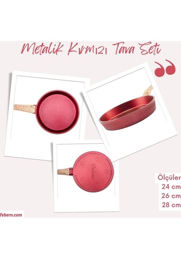 Premium Bio Granit Alüminyum Döküm Nisch Tava Seti Metalik Kırmızı-açık Ahşap Kulp