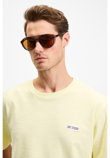 Grımelange Noır Erkek%100 Organik Pamuk Bisiklet Yaka Kısa Kol Regular Sarı T-shirt Sarı