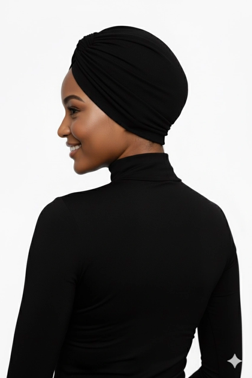 Pamuklu Bantlı Çapraz Astarlı Siyah Çizgi Desenli Hazır Türban Tesettür Havuz Bonesi Siyah-1