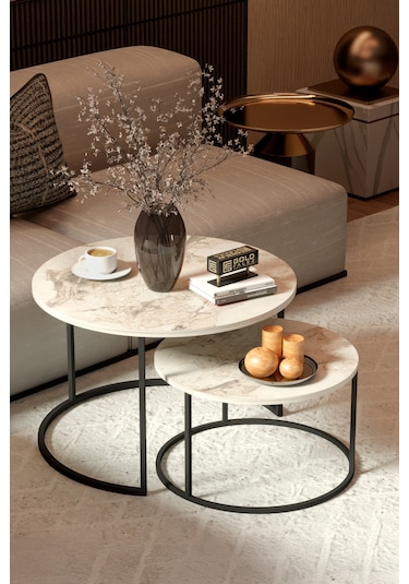 Orta Sehpa Bade İkili Lüx Yan Sehpa Masa Efes Ekru