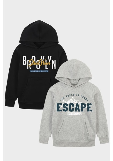 2'li Brooklyn-escape Baskılı Erkek Çocuk Kanguru Cepli Kapüşonlu Gri-siyah Sweatshirt Gri - Siyah1