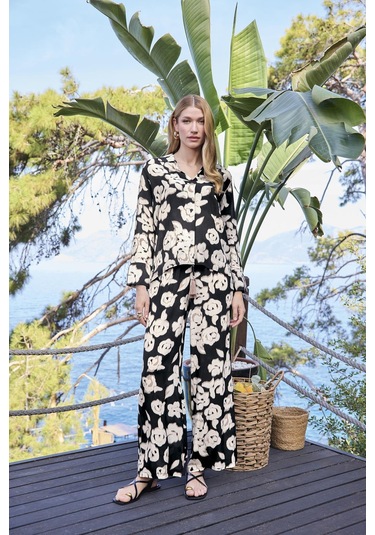 Monamise Kadın Desenli Önü Düğmeli Uzun Kollu Gömlek Yaka Alt Üst Takım 25060 Siyah