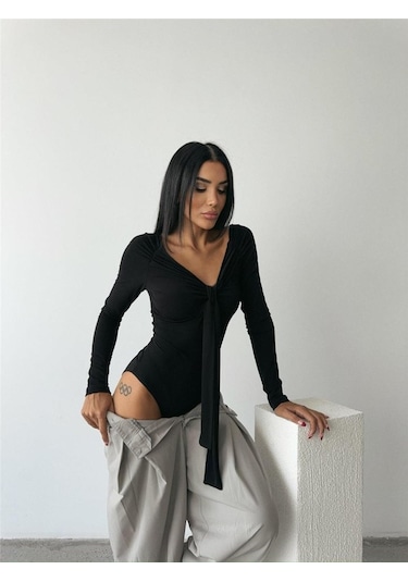 Gülsüm Aydın Sandy Bodysuit Önden Bağlama Detaylı - Siyah Siyah