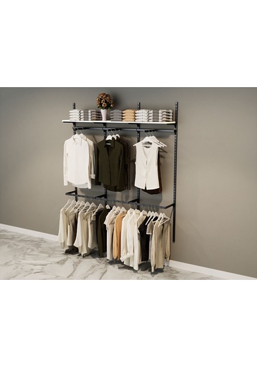 Üçlü Dekoratif Giyinme Odası Raf Sistemi & Duvara Monte Giyinme Odası Rafı Siyah - Beyaz