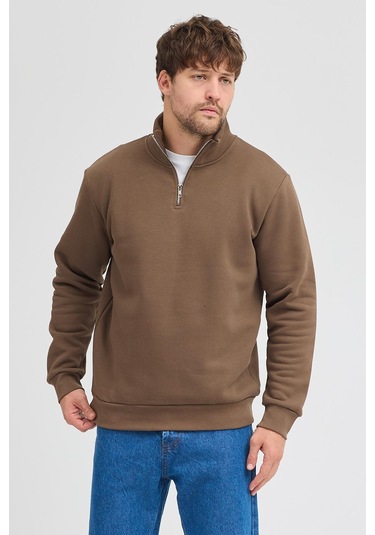 Unisex Regular Fit Rahat Kesim Pamuklu Içi Polarlı Yarım Fermuarlı Kahverengi Dik Yaka Sweatshirt Kahverengi
