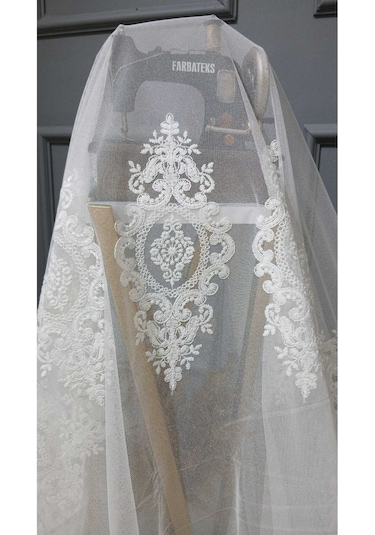 Tül Perde Brode Nakış Yeni Eko Seri Büyük Damask Nakış 2 Kat Pileli Tül Perde BEYAZ