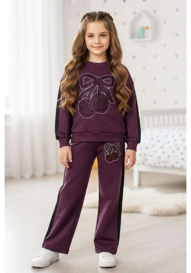 Kız Çocuk Taş İşlemeli Kiraz Ve Fiyonk Desenli-2 İplik-alt-üst Takım-5-12 Yaş 12445 Mürdüm